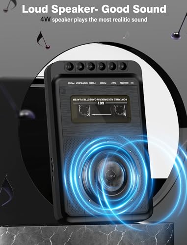 Portable Cassette Player with 3W Big Speaker Cassette Tape Recorder via Bluit-in Microphone,Cassette Tape Player with Retractable Handle,Supports External Microphone Input Power by 4 C Battery