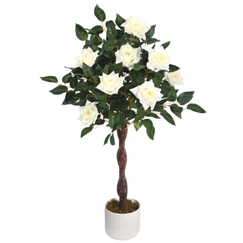 GarveeLife Künstlicher Rosenblütenbaum, Rosa/Weiß, Deko Rosenpflanzen Für Drinnen Und Draußen, 75/80/90/105/120/150Cm Hoch, Künstlicher Baum Mit Natürlichem Holzstamm Und Lebensechten Blumen Für Zuhau