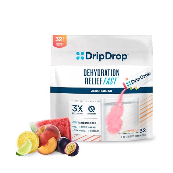 DripDrop Sugar Free Hydration Packets – Zero Classic Variety Pack – Single Serve Electrolytes Powder Drink Mix – Lemon Lime, Watermelon, Peach, Passion Fruit – Non-GMO, Gluten Free, Vegan – 32 Sticks