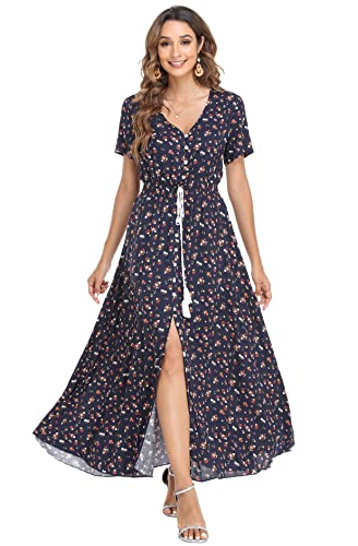 Image of VintageClothing Women's Floral Maxi Dresses Boho Button Up Split Summer Casual Long Dress Beach Party Dress