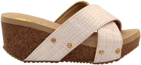 VOLATILE Women's Criss Cross Sandal Wedge, Beige Croco, 7 | Image 2