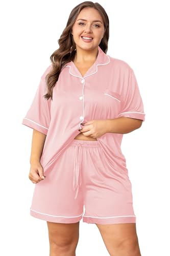 Image of Vozanet Women's Plus Size Button Down Pajamas Soft Lounge Sets Shorts with Pockets Bride Nighty Solid Soft Pjs 1x to 5x