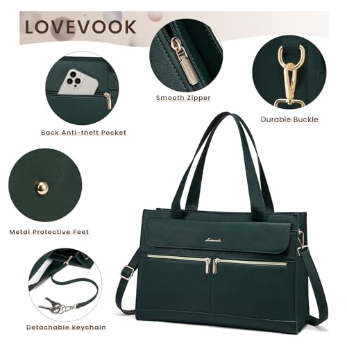 Image of LOVEVOOK Laptop Bag for Women 15.6 Inch Tote Work Professional Leather Computer Briefcase Waterproof Handbag Shoulder Large Capacity Business Teacher Office Crossbody Purse, 131# Dark Green