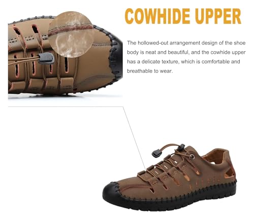 Stylish Summer Breathable Sandals for Men - Handmade Leather Anti-Slip Flat Closed Toe Waterproof Walking Shoes(Khaki,41)2