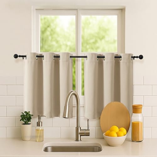 Image of Simplebrand Biscotti Beige Short Kitchen Curtains 24 Inch Length 2 Panels Set, Small Windows Room Darkening Curtain for Bathroom, Basement, RV Camper, Thermal Insulated Short Drapes, 40 x 24 Inch