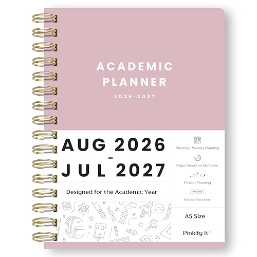 Academic Planner 2026-2027 A5 Weekly and Monthly Student Planner with Tabs Aug 2026-Jul 2027 Spiral College Planner with Class Schedule Major Deadlines and Project Planning Homeschool Planner (Pink)