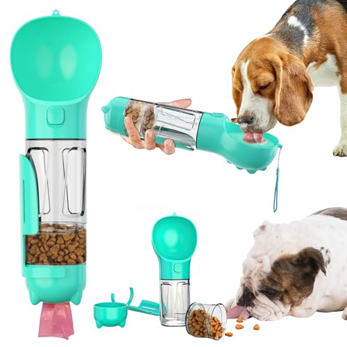 PAWpularPets Portable Dog Water Bottle, Pet Water Bowl Dispenser, Leak-Proof Dog Travel Bottle, Puppy Essentials with Bowl, Food Container, and Waste Bag Holder (Blue, 10oz)