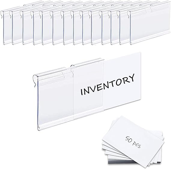 Erweicet 50PCS Clear Plastic Bin Clip Labels for Baskets,Clip On Labels for Storage Bins, Basket Tags, Bin Clips,Merchandise Sign Display Holder,6X4CM Label Inserts Included.