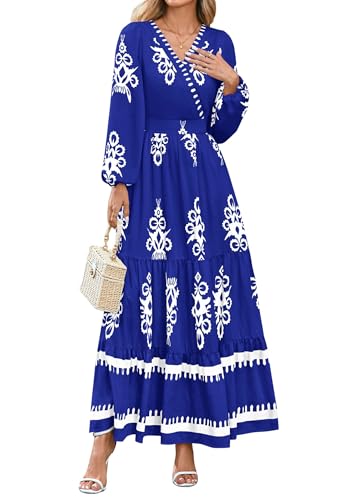 PRETTYGARDEN Women's 2025 Fall Wedding Guest Dresses Boho Floral Long Sleeve V Neck Flowy Elegant Maxi Dress Beach Clothes (Floral Royal Blue White,Medium)