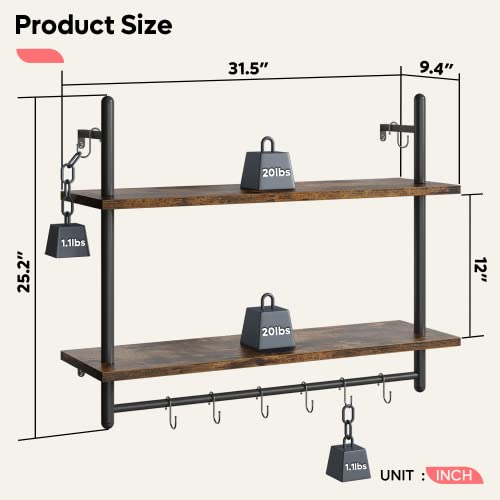 Bestier Pipe Shelf Industrial Floating Shelving 31" Kitchen Wall-Mounted Shelf With Towel Bar Hooks Coffee Bar Shelf Wine Hanging Display Rack Bookshelf Living Room Decor Bathroom-Rustic Brown #TOP1