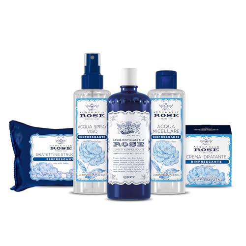 Acqua alle Rose, Kit Routine Viso Rinfrescante, per Tutti i Tipi di Pelle, contiene Tonico Rinfrescante, Acqua Micellare, Crema Idratante, Salviettine Struccanti e Acqua Spray - Esclusiva Amazon