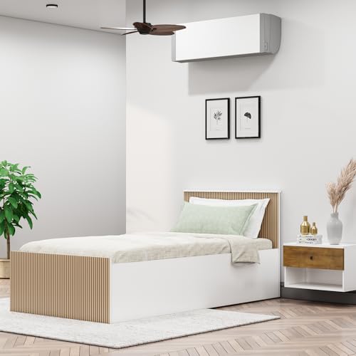 Image of Bniture Modern Single Size Bed with Storage Box | Engineered Wood Bed 3D Textured Panels | Dual Tone Cupboard for Bedroom | Wooden Bed Single Beds Storage (Frosty White & Giant Wood, Single)