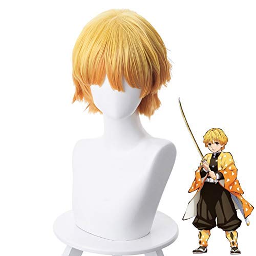 Ani·Lnc Agatsuma Zenitsu Demon Slayer Cosplay disfraz peluca amarillo degradado naranja rizado pelo corto para hombres