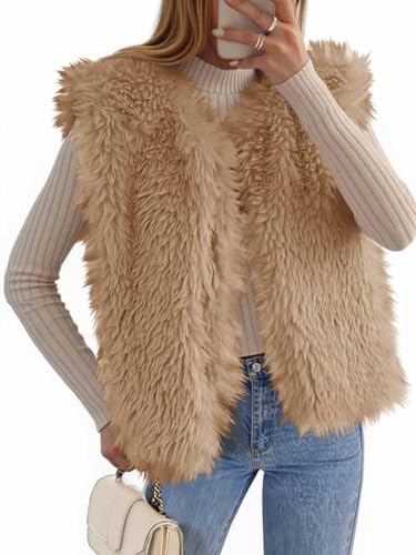 Tankaneo Womens Faux Fur Vest Cropped Sleeveless Warm Winter Shaggy Open Front Outerwear Vest
