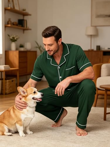 Image of Men's Short Sleeve Pajama Set, Soft Cotton Button Down Sleepwear Top & Long Pants, Loungewear PJs with Pockets S-XXXL