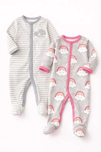 TuddyBuddy 100% Cotton Footed Romper SleepSuit for Baby (0 Months-3 Months, Pack of 2 - Grey Stripes & Pink Rainbows) - Image 2 thumbnail