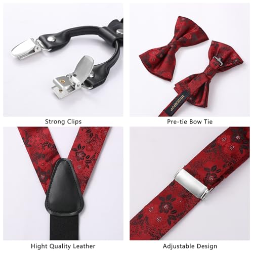 Image of HISDERN Suspenders for Men Paisley Floral Bow tie Suspender Pocket Square Sets Adjustable Y Shape 6 Clips Wedding Braces