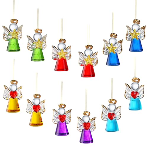 Mini Glass Angel Christmas Ornaments for Tree, Small Crystal Guardian Angel Ornament Bulk for Christmas Tree, 2025 Hand Blown Spun Glass Home Decor Xmas Gift, Set of 12