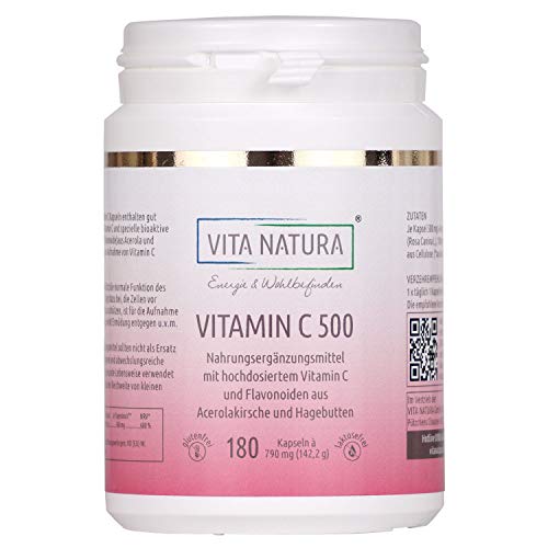 Vita Nature - Cápsulas de vitamina C de alta dosis - Cápsulas veganas - 500 mg - Fabricación alemana - Sin lactosa - 180 cápsulas en un paquete