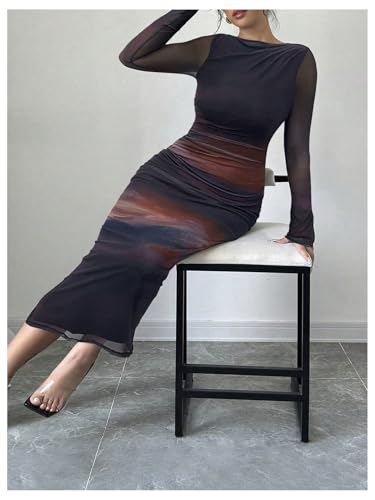 Image of Milumia Women's Tie Dye Boat Neck Long Sleeve Fall Dress Ruched Bodycon Maxi Slimming Dresses Cocktail Party