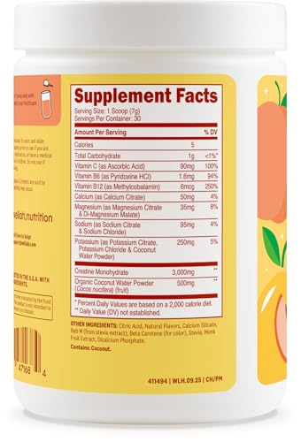 Image of Wellah Creatine + Electrolytes Powder (Peach Mango) 30 Servings - Hydration Drink Mix with 3g of Creatine Monohydrate