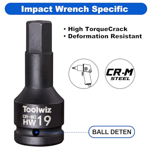 Image of Toolwiz 3 /4 Inch Drive Impact Hex Bit Set, 5-Piece Metric 14mm-24mm, Cr-Mo | One-Piece Construction, Impact Grade, Professional Automotive Impact Bit Socket Set, Heavy Duty PVC Storage Case
