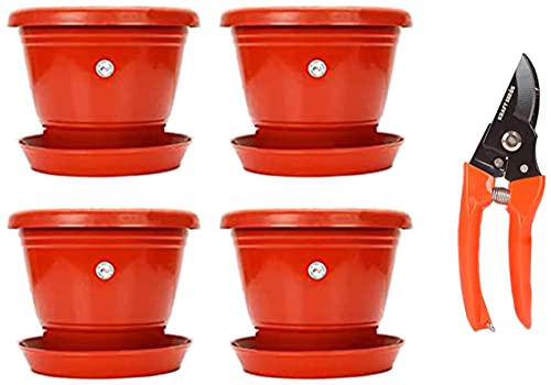 Image of Kraft Seeds 8-inch Garden Balcony Flowering Planter with Bottom Plate /Tray (Red /Terracotta, Pack of +Kraft Seeds Garden Shears Pruners Scissor (Multicolor)