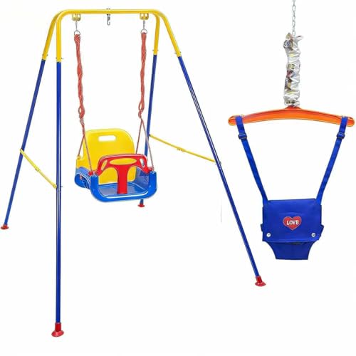 2-in-1 Toddler Swing & Jumper Set Heavy-Duty Indoor/Outdoor Baby Swing Safety Harness & Handrails Folding Metal Stand Easy to Assemble & Store Kids Swing for Backyard Garden Balcony