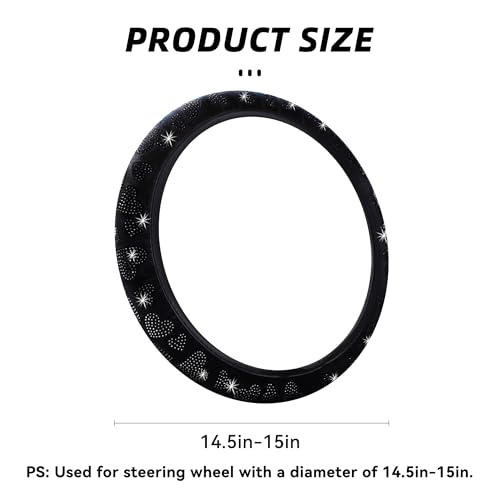 Couslcd Bling Car Steering Wheel Cover, Universal 15 Inch Soft Velvet Heart Crystal Rhinestones Steering Wheel Protector, Sparkling Anti-Slip, Cute Car Interior Accessories for Women Girls (Black)