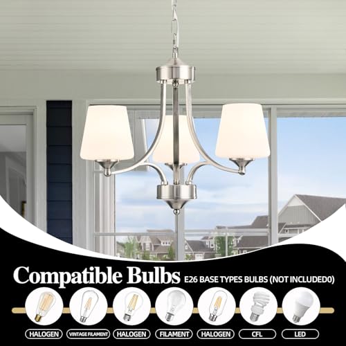 Image of Brushed Nickel Dining Room Light Modern Sliver Chandelier with Frosted Glass, 3-Light Metal Farmhouse Kitchen Island Light Fixtures E26 Hanging Pendent Lighting for Living Room, Kitchen, Foyer