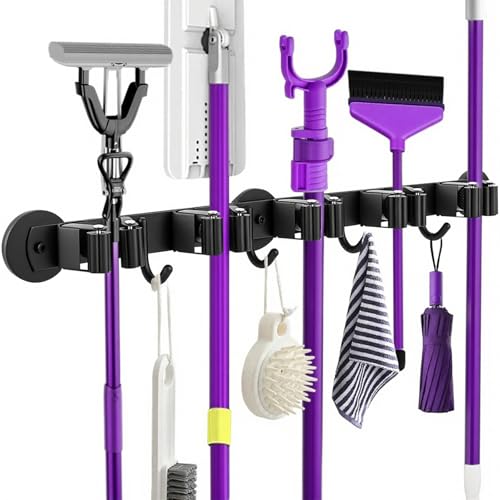 joaoxoko Magnetic Broom Holder Wall Mount - Heavy Duty Non-Slip Mop Hanger with 4 Hooks And 5 Rack...