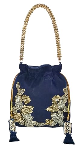 Image of Velvet Potli Bag with Golden & Silver Beaded Flower Embroidery - Handcrafted Ethnic Drawstring Bag for Weddings, Parties & Festive Gifts - Beaded Handle & Tassels for Women