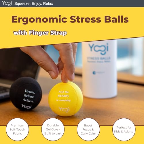Image of Yogi Stress Ball, Finger Strap, Stress Relief, Squeeze Ball for Anxiety | Hand therapy, grip strength, sensory fidget toy, stress ball for adults and kids, school work travel, ADHD, anxiety