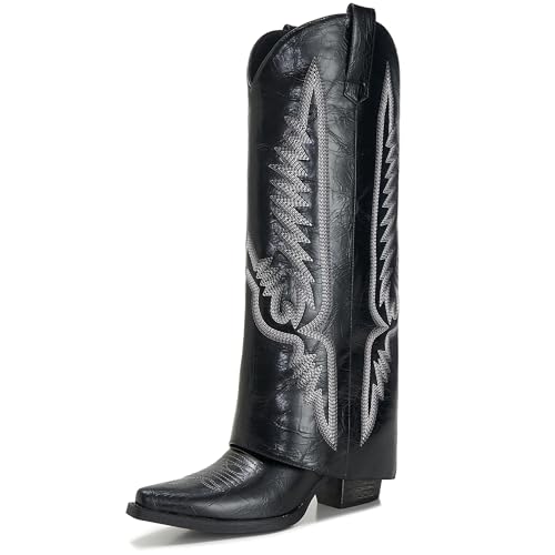 Image of Fold Over Boots for Women Pointy Pull-on Wedge Heel Knee Shark Boot With Side Zipper Padlock Design