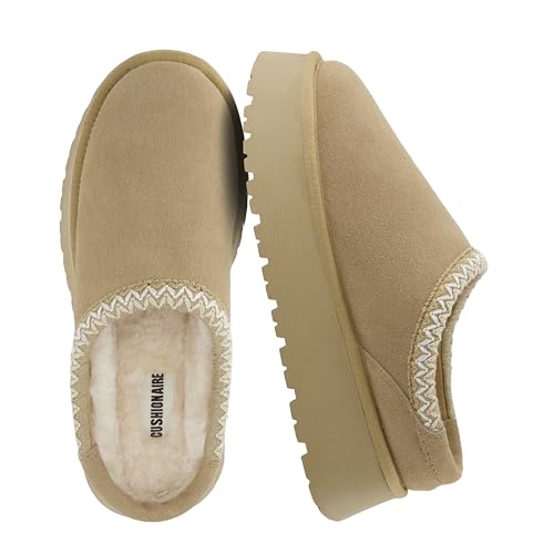 Image of CUSHIONAIRE Kabuki Platform Boots Genuine Suede Fuzzy Mule Slippers for Women with Memory Foam | Indoor /Outdoor Womens Slippers | Wide Widths Available