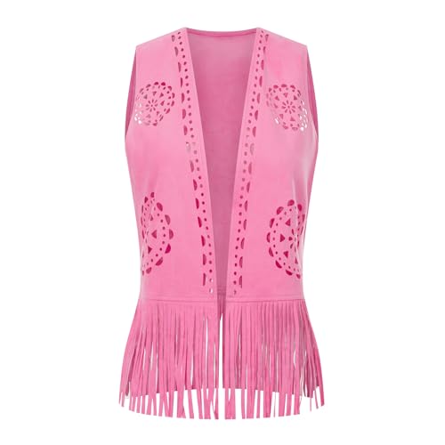 Cowgirl Custome for Women Boho Tassel Vest 70s Hippie Faux Suede Rivets Fringe Waistcoat Western Cardigan Outerwear