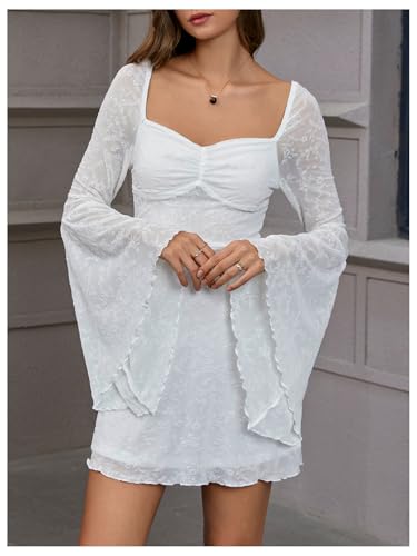 Image of WDIRARA Women's Floral Jacquard Gothic Bell Long Sleeve Dress | Mesh , A Line, Vintage