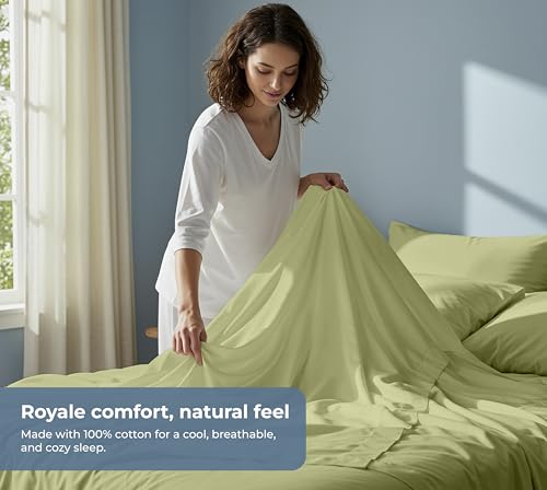 Image of ROYALE LINENS 100% Organic Cotton Twin Sheet Set - Percale Weave - 3 Pieces Set - 1 Flat, 1 Deep Pocket Fitted Sheet and 1 Pillowcases - Sage Green Bed Sheets - Sabanas Twin - Crisp Cool (Sage Green)