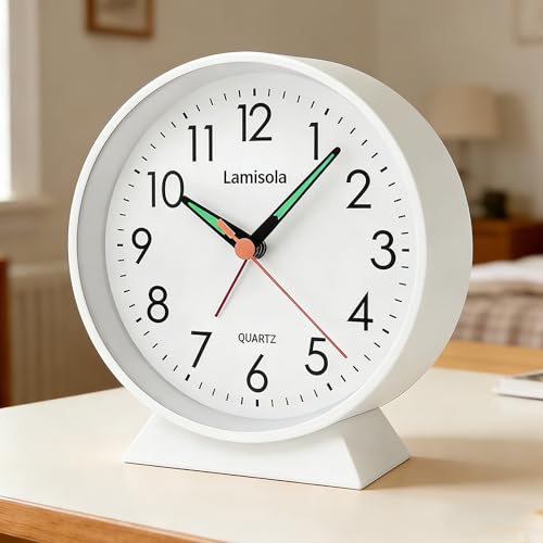 Image of 4.5 Inch Small Silent Analog Alarm Clock, Retro Battery Operated Desk Clock with Night Light Stays On 4 Seconds Vintage Metal Table Clock for Bedside, Nightstand, Bedroom, Office, Bathroom - White