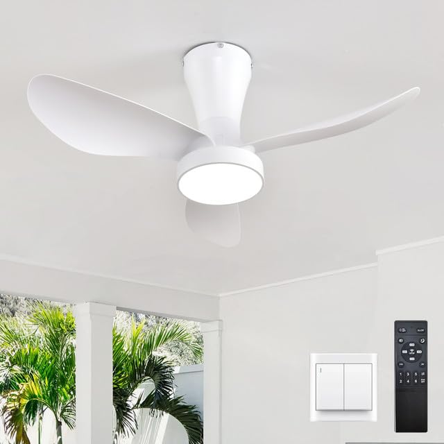 LJX 82 cm Ceiling Fan with Light and Remote Control Silent DC Lamp Low Consumption Fan Modern Style Dimmable Reversible LED for Bedroom Kitchen, White