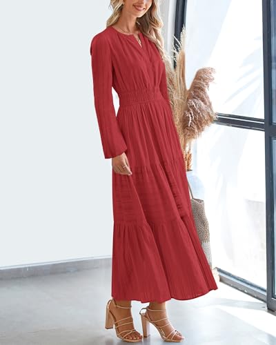 BTFBM Fall Dresses for Women 2025 Casual Long Sleeve V Neck Elastic Waist Lightweight Maxi Wedding Guest Dress Pockets