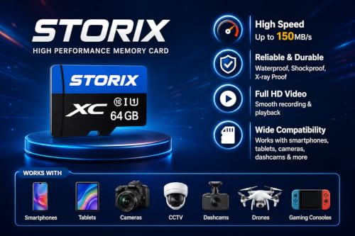 Image of STORIX Micro SD Card 64GB Class 10 U1 up to 150MB /s,Memory Card for CCTV, Smartphone, Drones 5Y Warrenty