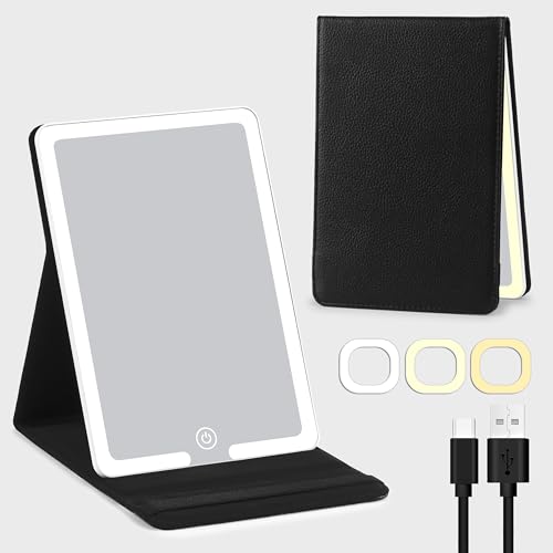 化粧鏡 ライト付きミラー 卓上鏡 バッテリー内蔵 女優ミラー 持ち歩きやすい 鏡 卓上 ライト付き 【3つ光色/無段階調光/角度調節可能/折りたたみ式/PUレザーカバー/充電式】 旅行・日常メイク・オフィスに適用 (ブラック)