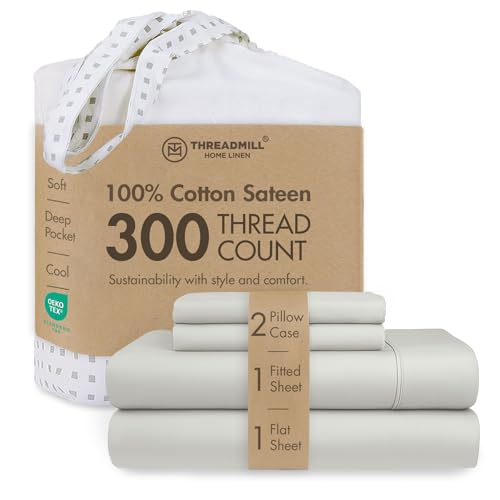 Image of Threadmill 300TC Cotton Queen Sheet Set, Sateen, Solid, Light Grey, 4-Piece | 100% Cotton, Sateen Weave, 4-Piece Set, 16 inch Deep Pocket, Cooling, Breathable, OEKO-TEX Certified, Machine Washable