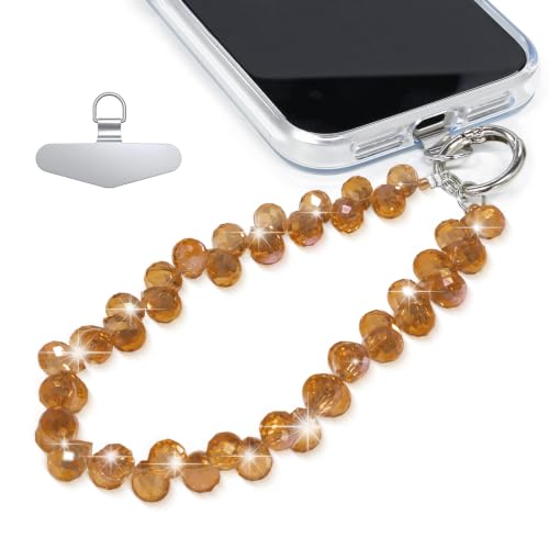 Image of TENOC Beaded Phone Wrist Strap, Caramel Brown | Cellphone Lanyard Chain, Sparkling Wristlet Bracelet, Comes with Metal Phone Tether Tab, For Women