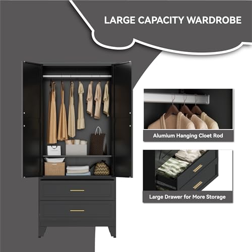 Image of Black Metal Wardrobe Closet, Armoire Wardrobe with Two Drawers Clothes Cabinet for Bedroom, 71 inch Tall Farmhouse Steel Armoire Closet with Drawers and 2 Doors Clothing Storage Cabinet with Hanging Rod