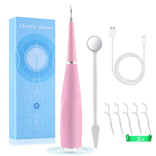 MIGVELA Tooth Cleaner with 5 Adjustable Modes, 20 Dental Flosses and USB Rechargable Tooth Scraper Plaque Tartar Remover for Oral Care, Remove Tarter for Kids Adult (Pink)