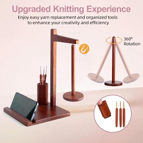 Image of Wooden Yarn Holder for Crocheting，Crochet Yarn Holder with Phone Stand, Rotatable Yarn Ball Holder with Crochet Hook Storage，Yarn Spinner for Knitting Enthusiasts
