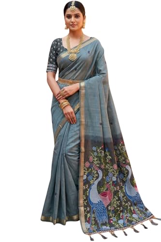 Image of SGF11 Women's Soft Cotton Linen Silk Saree With Unstitched Blouse Piece