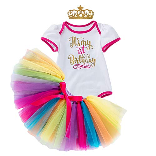 HIHCBF Princess 1st Birthday Cake Smash 3pcs Outfits Baby Girls Cotton Romper Bodysuit Rainbow Tutu Skirt Crown Headband